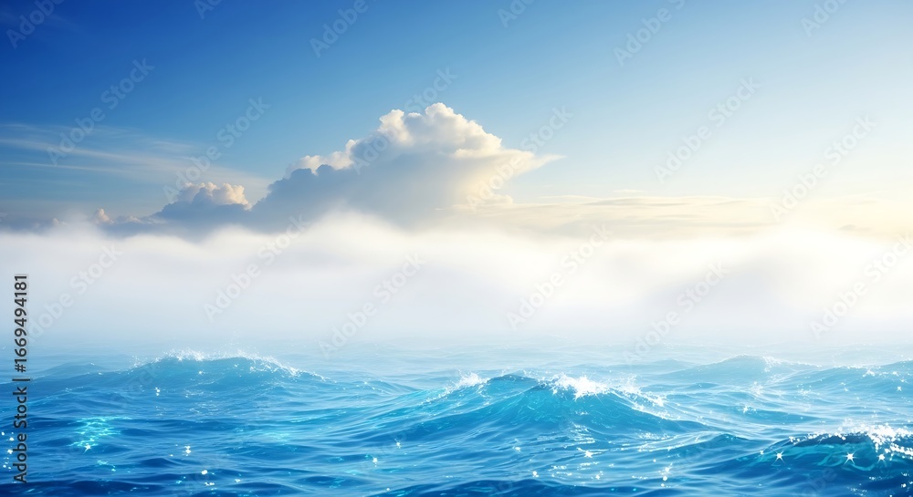 Fototapeta premium Gentle ocean waves roll towards the shore under a hazy sky