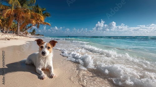 Fototapeta Naklejka Na Ścianę i Meble -  Tropical caribbean Beach wallpaper, with a dog on it