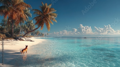 Fototapeta Naklejka Na Ścianę i Meble -  Tropical caribbean Beach wallpaper, with a dog on it