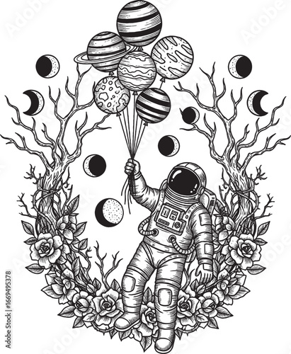 Astronaut Planets Balloons Vector Illustration