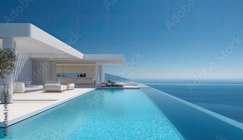 Modern white house with infinity pool overlooking the ocean