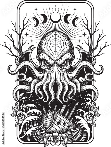 Vector illustration of mystical octopus with ship and moon phases