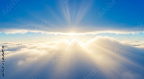 Sunbeams bursting through clouds from above the cloud layer
