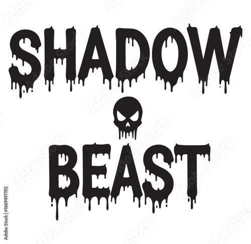 Shadow beast typography design with dripping effect and evil skull illustration