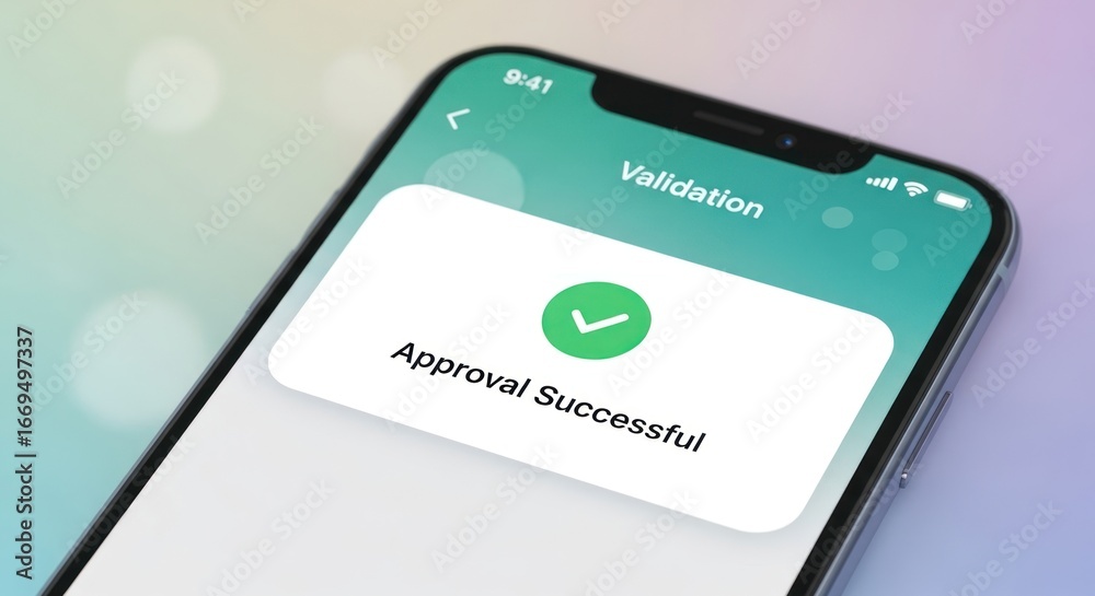 Fototapeta premium A smartphone displaying a green and white screen with a green circle and text that reads 'Validation Successful'