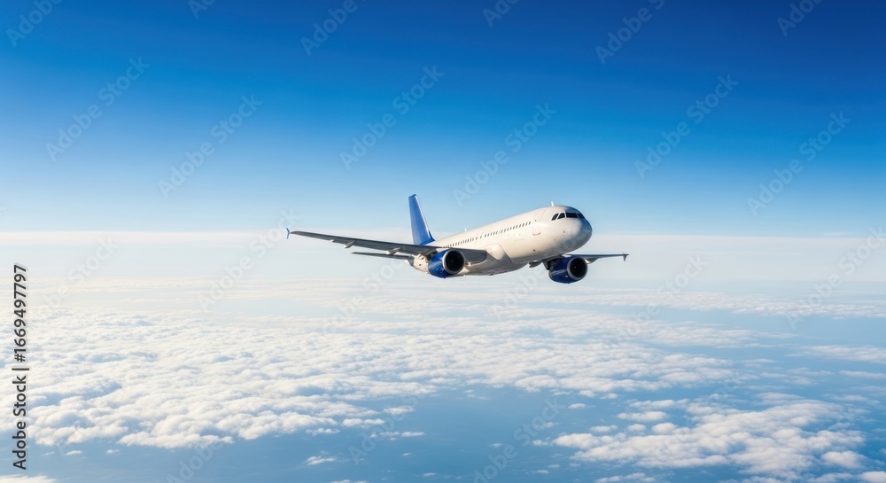 Obraz premium A commercial airplane flying high above the clouds against a clear blue sky.