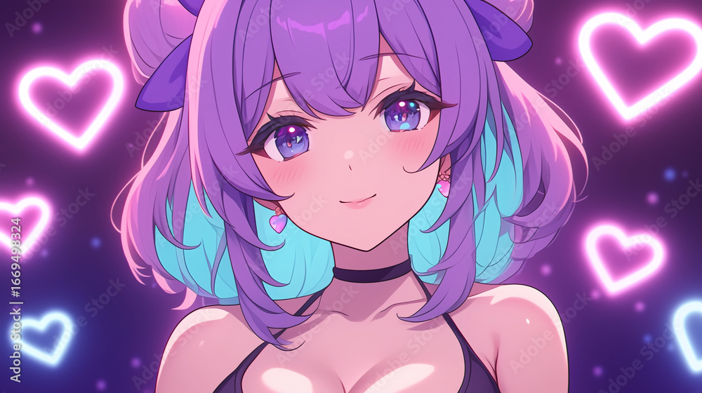 Whimsical Anime Portrait: A Vibrant Character with Purple Hair and Heart Motifs, Perfect for Captivating Digital Art Enthusiasts Whimsical Anime Portrait: A Vibrant Character with Purple Hair and Heart Motifs, Perfect for Captivating Digital Art Enthusiasts