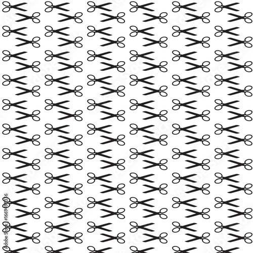 Creative seamless pattern featuring black scissors icons on a white background. Perfect for textile design, fabric prints, wallpaper, gift wrapping, packaging, stationery, digital backgrounds, and dec