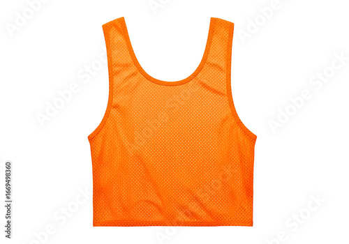 A vibrant, eye-catching orange mesh sleeveless top is prominently displayed against a striking black background.