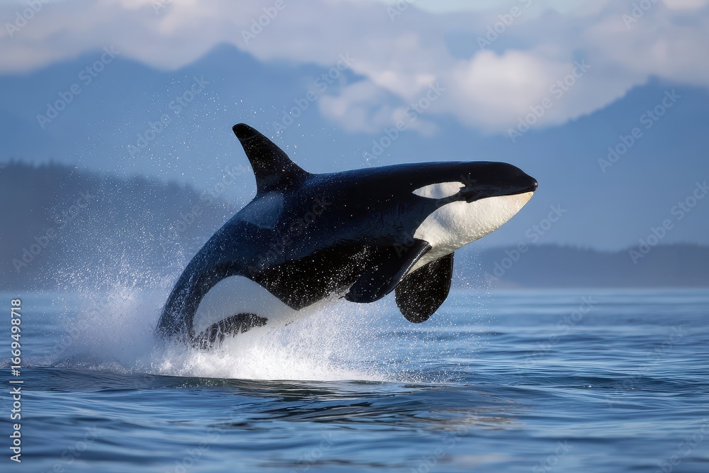 Fototapeta premium Breaching orca flips onto its back in clear blue waters against a serene backdrop of mountains and clouds