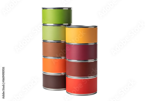 A stack of colorful metal containers, arranged vertically against a black background, displays a spectrum of autumnal hues.