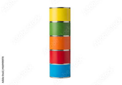 A stack of colorful cylindrical tins arranged vertically against a black background.