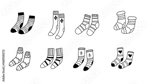 Set of hand-drawn doodle socks in simple sketch style, perfect for cozy illustrations, children projects, scrapbooking, and holiday decor.