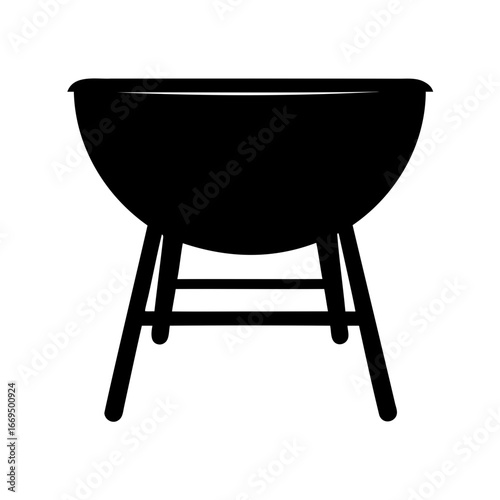 A simple black silhouette image of a round outdoor grill on legs