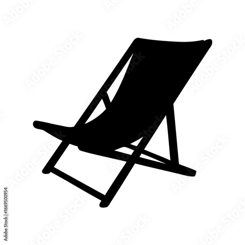 Black silhouette of a folding beach chair on a white background