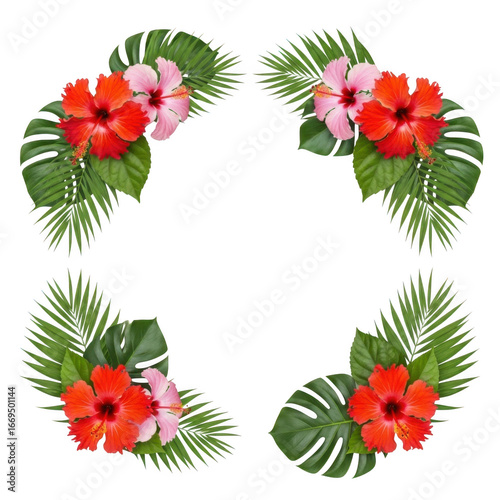 Tropical floral arrangement with red and pink hibiscus flowers and green palm leaves isolated on transparent background