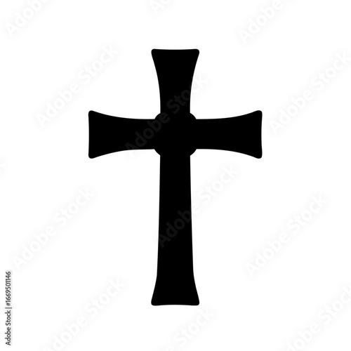 A bold black Christian cross against a stark white background signifying faith