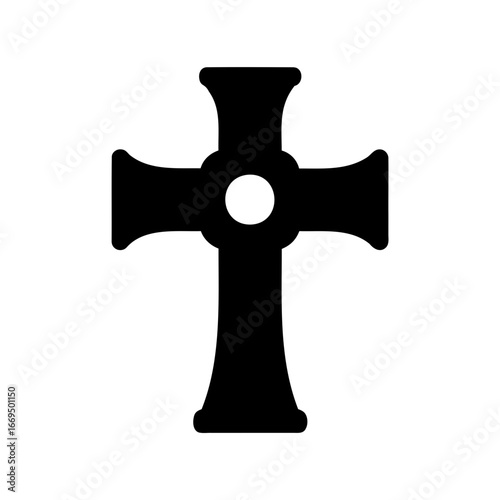 Symbolic black cross design with rounded edges and central circle on white background