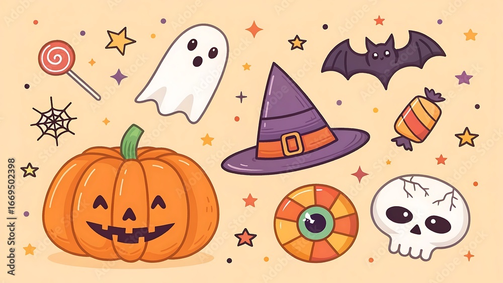 Fototapeta premium Spooky Halloween vector seamless pattern with pumpkins, ghosts, and bats