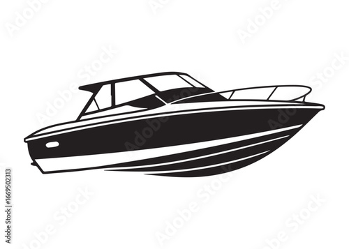 Speed Boat Silhouette Vector Illustration Racing Through Water Black.