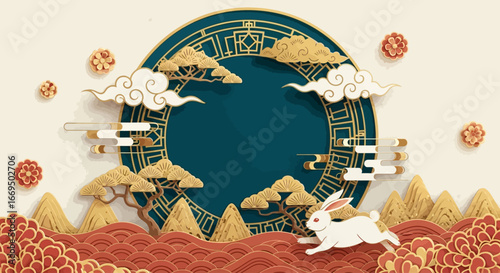 White rabbit runs across patterned landscape beneath clouds and moon during midautumn festival celebration, creating a festive and cultural atmosphere.