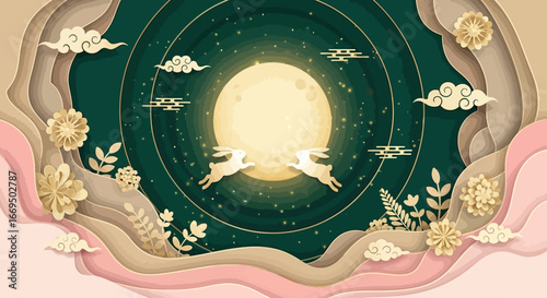 Two rabbits jumping towards the full moon in a layered paper cut style scene with clouds and flowers, celebrating the MidAutumn Festival.