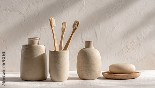 Beige ceramic bathroom essentials in sunlight