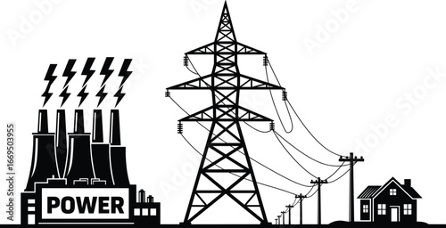 Power plant, electricity generation, high voltage tower, energy distribution, electric wires, transmission lines, utility poles, electric grid system, 