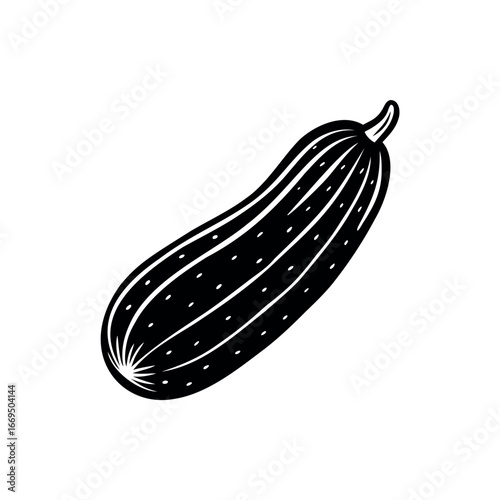 Monochrome illustration of an elongated zucchini or cucumber vegetable with graphic lines Silhouette vector