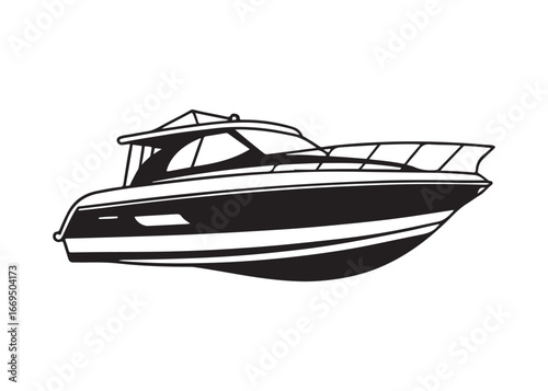 Racing Speed Boat Black Silhouette Vector Illustration on Water.