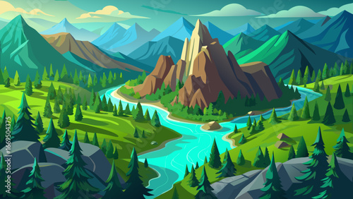 Vector art of scenic mountain landscape with a winding river flowing through a lush green valley surrounded by towering peaks and dense forests