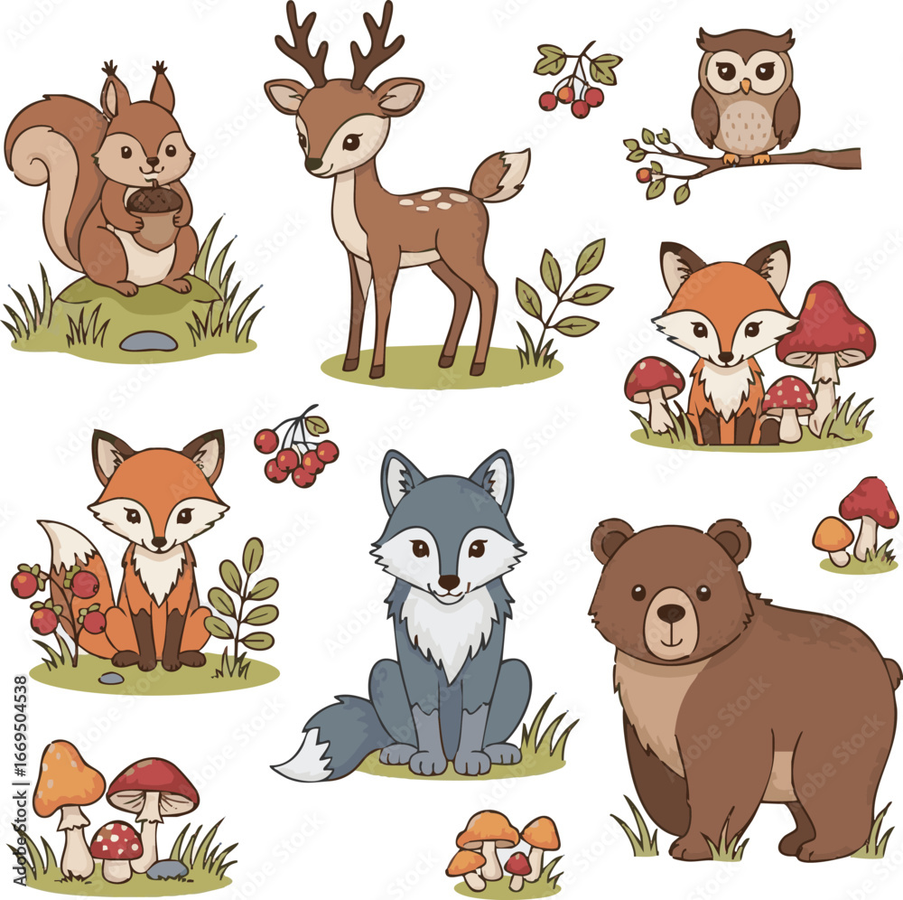 Naklejka premium create Cute wild animals and birds set vector illustration. Cartoon isolated forest characters with autumn berry fruit on plants and mushrooms, squirrel with acorn and deer, fox and wolf, owl and bear
