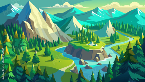 Vector art of idyllic mountain landscape featuring a winding river, lush forests, and majestic peaks under a clear sky, perfect for travel and adventure
