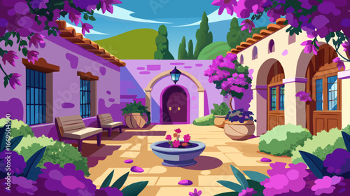 Vector art of charming courtyard with flowers, plants, and traditional architecture, creating a peaceful and inviting outdoor space for relaxation