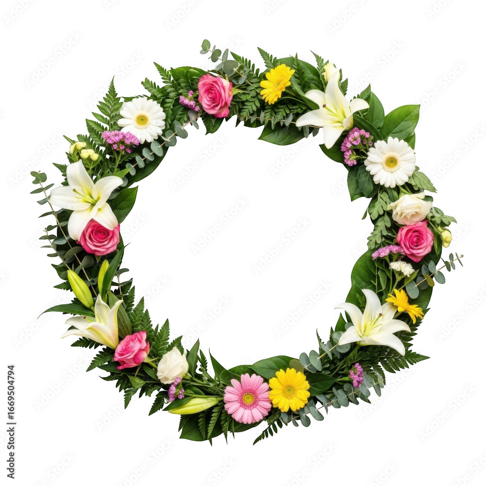 Obraz premium A beautiful floral wreath with pink roses, white lilies, and yellow daisies isolated on transparent background