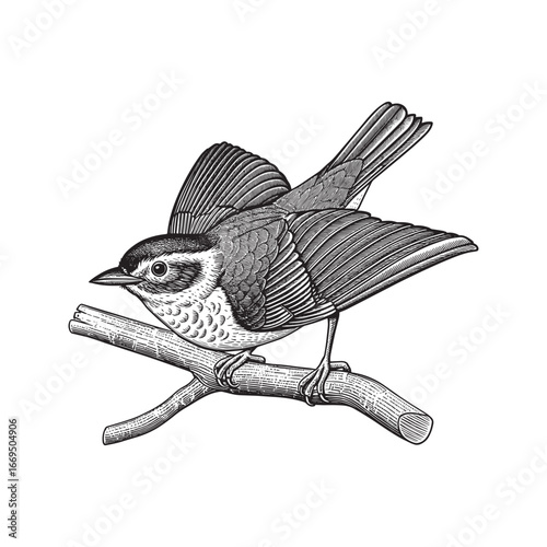 Detailed hand-drawn sketch of a songbird perched on a branch with a spread wing, black and white line art illustration.
