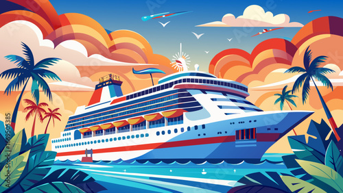 Vector art of a grand cruise ship navigates through turquoise waters, framed by lush palm trees and a vibrant sunset, inviting you on a tropical vacation