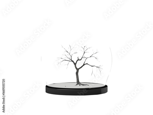 A conceptual and minimalist image of a single bare tree with its roots, entirely encased within a transparent glass sphere. The scene is set in a sterile, white room, symbolizing the preservation