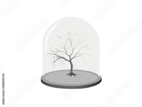 A conceptual and minimalist image of a single bare tree with its roots, entirely encased within a transparent glass sphere. The scene is set in a sterile, white room, symbolizing the preservation