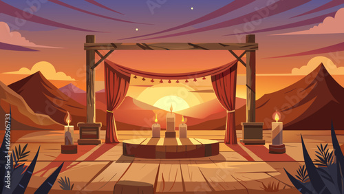 Vector art of beautiful wedding ceremony stage with sunset background and desert landscape, perfect for event and decoration