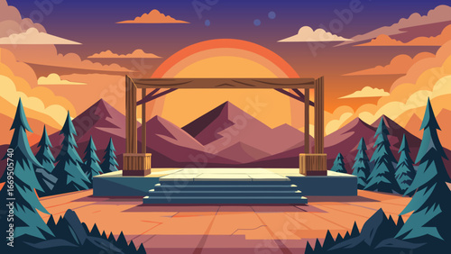 Vector art of a wooden stage with a sunset backdrop, perfect for outdoor performances and events, creating a scenic and inviting atmosphere for any occasion