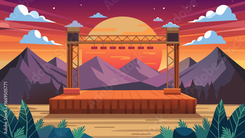 Vector art of a vibrant stage with a sunset backdrop, ideal for concerts and events, creating an energetic atmosphere for music and entertainment experiences