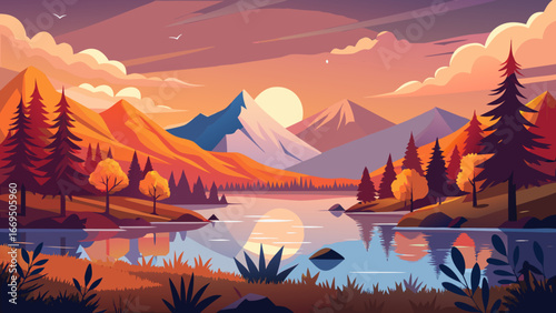 Vector art of a picturesque landscape featuring mountains, a serene lake reflecting the sunset, and lush trees creating a peaceful and inviting nature scene