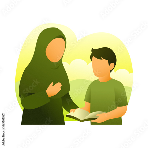 Illustration of a Muslim woman teaching a boy with an open book, representing Islamic education, learning, knowledge, and religious guidance. Perfect for Ramadan, study, and family themes.