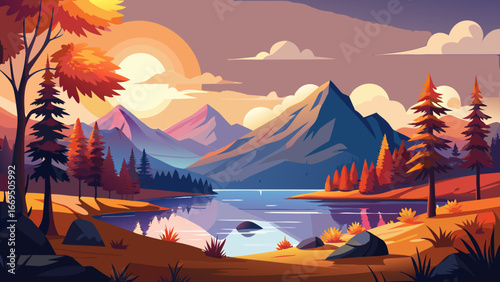 Vector art of a serene autumn landscape featuring mountains, a tranquil lake reflecting the sunset, and colorful trees creating a picturesque natural scene