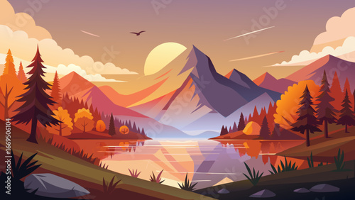 Vector art of tranquil landscape of mountains and lake at sunset with colorful trees and sky, creating a peaceful and scenic nature scene for travel and outdoor enthusiasts