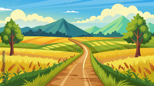 Vector art of idyllic countryside vista featuring a winding road through vibrant fields, lush trees, and majestic mountains under a clear blue sky