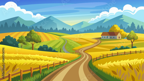 Vector art of picturesque countryside scene with a winding road leading to a charming house, surrounded by golden fields and rolling mountains