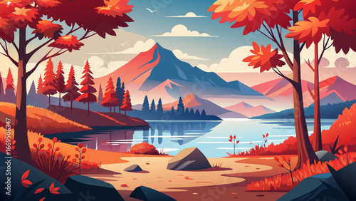 Vector art of scenic autumn landscape featuring a tranquil lake surrounded by colorful trees and majestic mountains in the background, creating a peaceful atmosphere