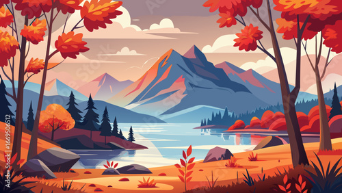 Vector art of picturesque autumn landscape featuring a serene lake reflecting majestic mountains, surrounded by colorful trees and foliage under a pastel sky